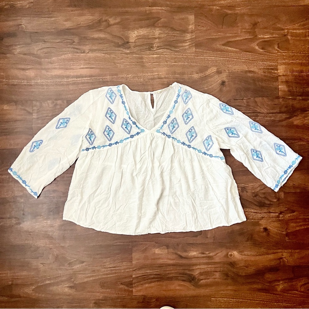 Solitaire White Tunic Top Blouse Long Sleeve V Neck Embroidered Swiss Dot Boho L